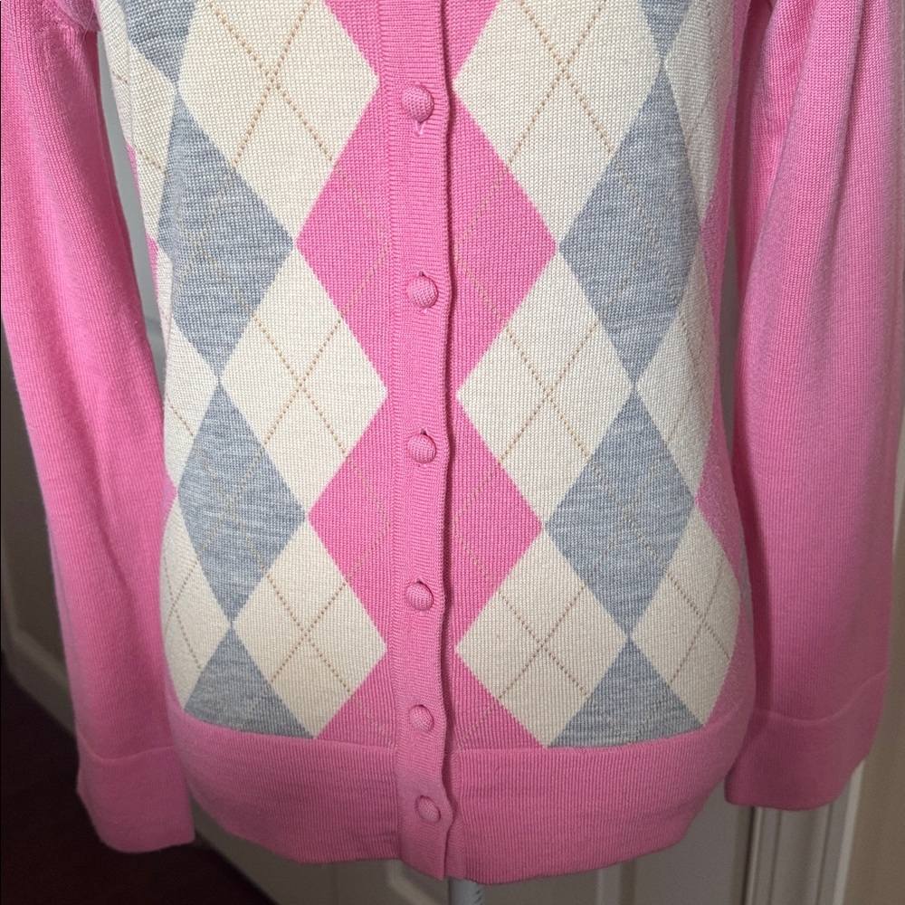 LILLY PULITIZER Argyle Pink Gray Ivory Button Sweater Merino Wool Medium - Picture 3 of 10